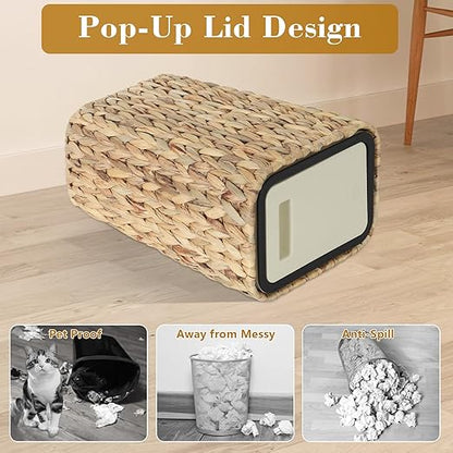 Boho Trash Can with Lid for Bathroom,2.6 Gallon Small Rattan Garbage Can with Press Top Lid,Woven Wastebasket and Hamper 2 in 1 Wicker Trash Basket for Bathroom,Kitchen,Living Room,Bedroom