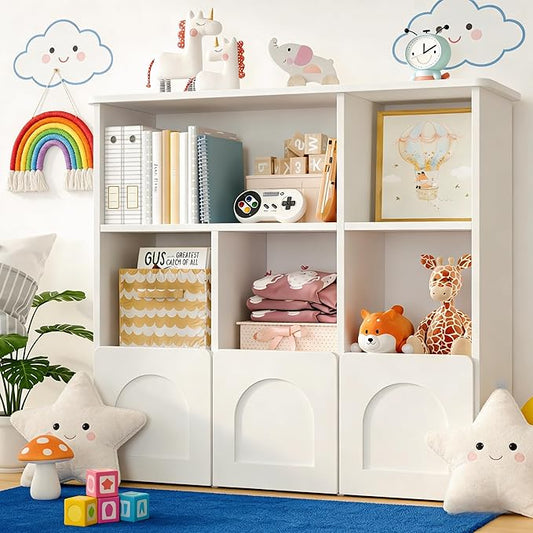 Toy Storage Organizer with 3 Movable Drawers,Montessori Bookshelf with 5 Open Cubbies,White Kids Bookshelf with Wall Mounting Hardware for Playroom,Den and Kids Room