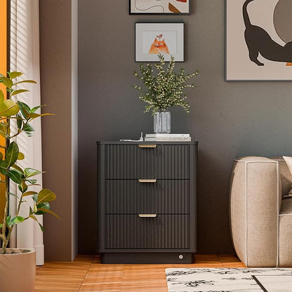 BONITURE Fluted Night Stand Set of 2, Curved Nightstands with Charging Station Lighting, Wood End Table with 3 Drawers, Modern Side Table Storage Cabinet for Bedroom Office,(2, Black)