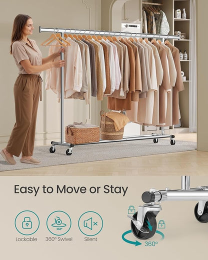 SONGMICS Clothes Rack with Wheels, Heavy-Duty Clothing Rack for Hanging Clothes, Portable, 17.7 x (63-78.7) x 63.6 Inches, with Extendable Rail, 330 lb Load Capacity, Silver UHSR175E01
