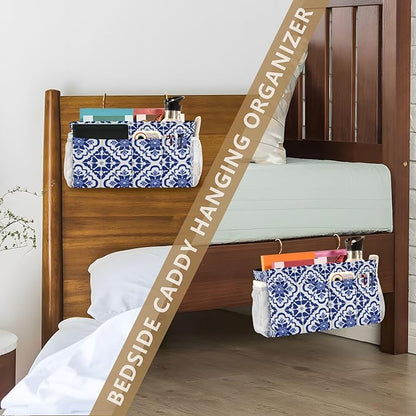 CuwrYet Bedside Caddy Hanging Bunk Bed Caddy Bed Organizer Hanging Pocket with 2 Hooks Bedside Storage Organizer Pocket Bag Holder Floral Blue and White Geometric