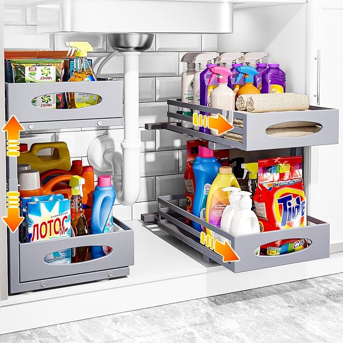 Under Sink Organizer, 2 Tier Under Sink Organizers and Storage, Adjustable Height, Slide Out Metal Cabinet Organizers, Pull Out Cabinet Storage Drawer Shelf for Kitchen Bathroom