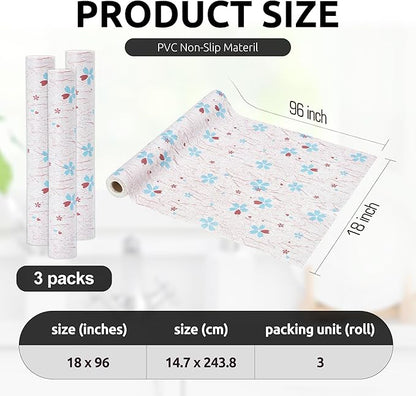 RAY STAR 18X96 Inch Shelf Liner for Kitchen Cabinets, Non-Adhesive Cabinet Liner Washable, PVC Drawer Liner for Dresser Non-Slip Bathroom (Blue-Floral)(3 Roll)