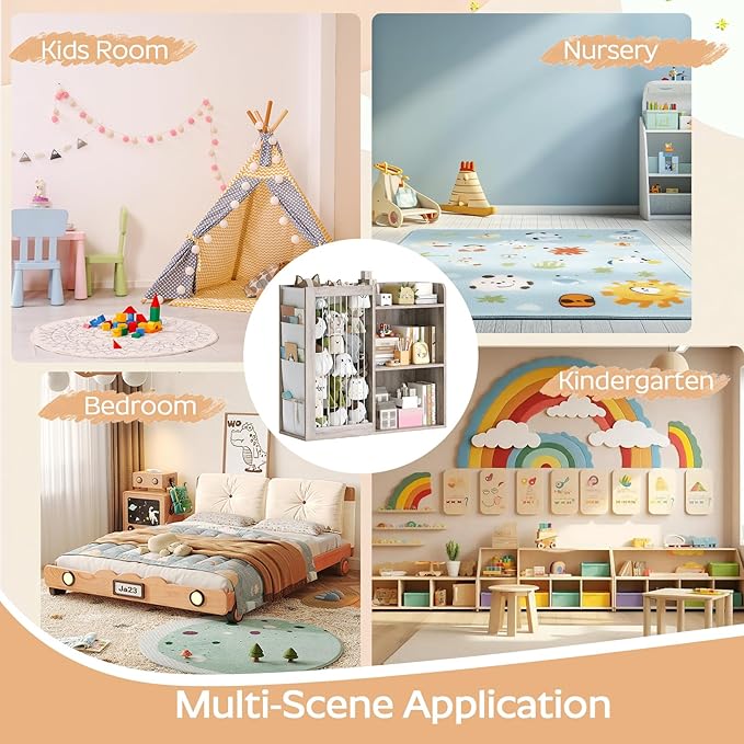 Kids Bookshelf and Toy Storage Organizer, 3 Tier Bookcase for Kids Rooms, Book Shelf with Stuffed Animal Storage, Side Oxford Fabric Pockets, for Playroom, Nursery, Bedroom, Greige CW02BG