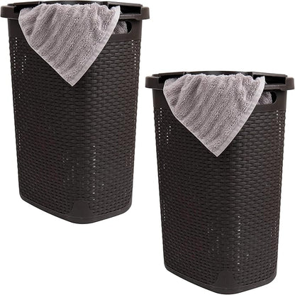 Mind Reader Slim Laundry Hamper with Lid, 60L Clothes Baskets, Premium Wicker Design, Plastic, 2-Pack, Brown