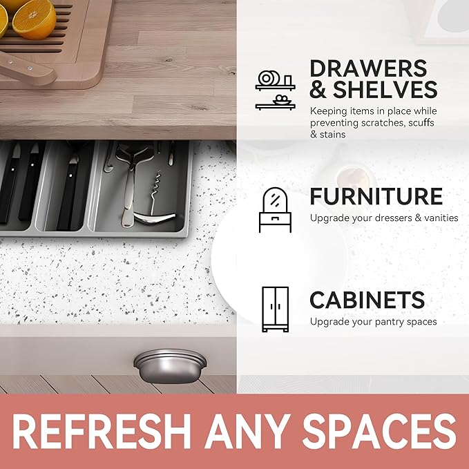RAY STAR Shelf Liners for Kitchen Cabinets Non-Adhesive, 18 Inch x 8 Feet Trimmable Terrazzo Speckled White Shelf Vanity Cabinet Liner Non Slip Waterproof Cupboard Pantry Liner Marble
