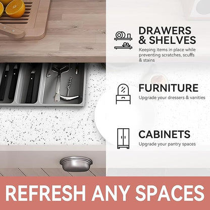 RAY STAR Shelf Liners for Kitchen Cabinets Non-Adhesive, 18 Inch x 8 Feet Trimmable Terrazzo Speckled White Shelf Vanity Cabinet Liner Non Slip Waterproof Cupboard Pantry Liner Marble