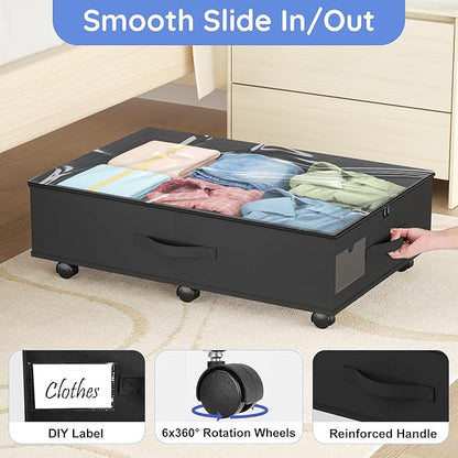 Under Bed Storage with Wheels, 2-Pack Under Bed Storage Containers with Clear Lids, Under the Beds Storage Organizer Bins With Handles, Under Bed Drawer for Clothes, Shoes, Books, Toys