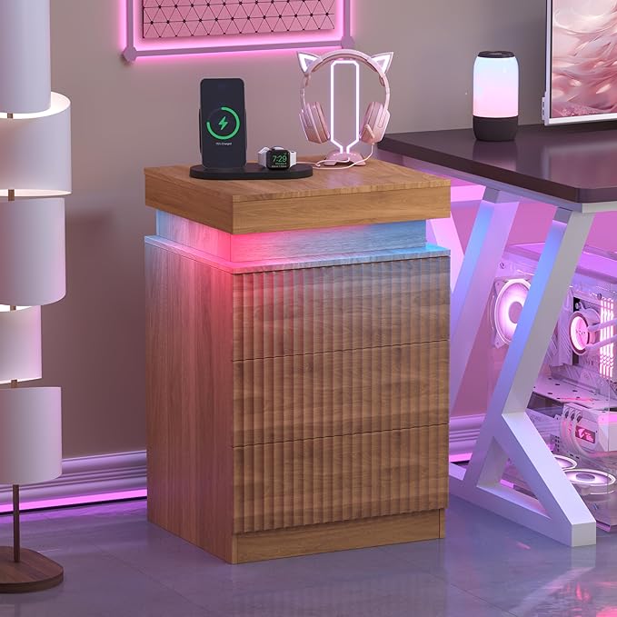BOXACTION Walnut Nightstand with 3 Drawers and LED Light, Mid Century Modern Fluted Night Stand with Charging Station, Bedside Table & End Table for Bedroom