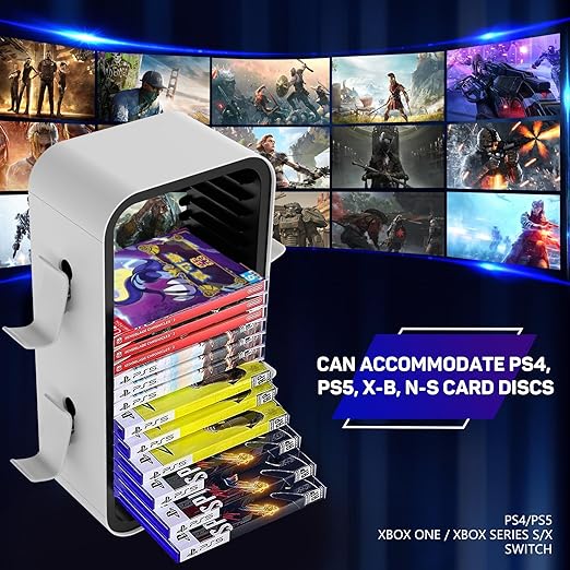 wigmoa Game Storage Tower【15.8INCH】 Compatible with PS5/ Xbox Series S & X/Switch, Universal Video Games Discs Organizers 18 PCS with 4 Controllers Holder, Game Disk Rack Shelf. OYO-1 (White/Black)