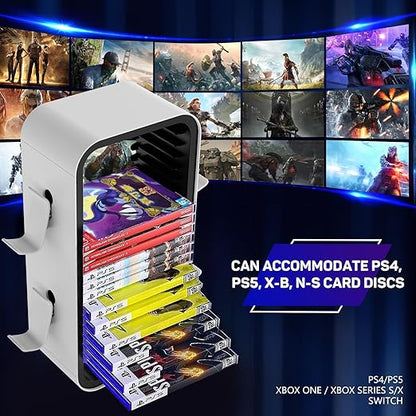 wigmoa Game Storage Tower【15.8INCH】 Compatible with PS5/ Xbox Series S & X/Switch, Universal Video Games Discs Organizers 18 PCS with 4 Controllers Holder, Game Disk Rack Shelf. OYO-1 (White/Black)