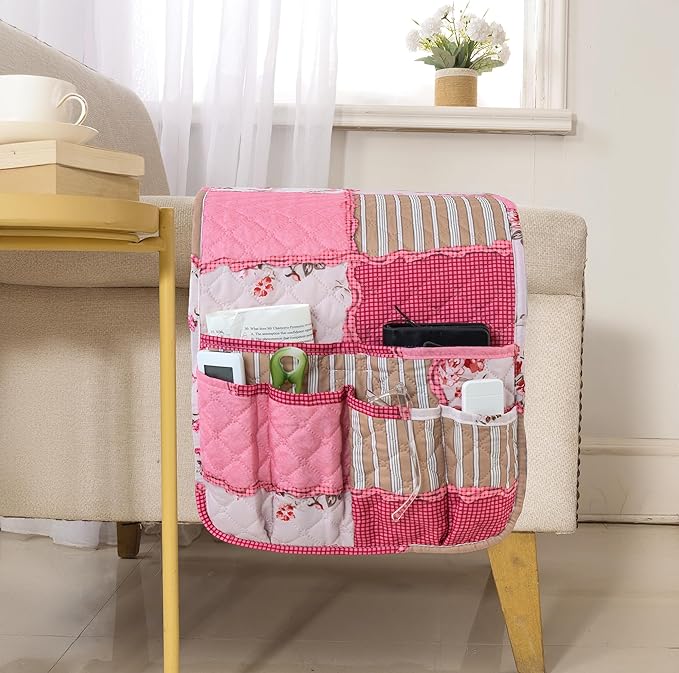 luckyjoyreal Armchair Caddy for Couch Remote Control Holder Non-slip Sofa Armset Organizer Caddy Storage for Recliner Couch 5 Pocket for Cell Phone Magazine 35"x13" Pink Vintage 1 Piece