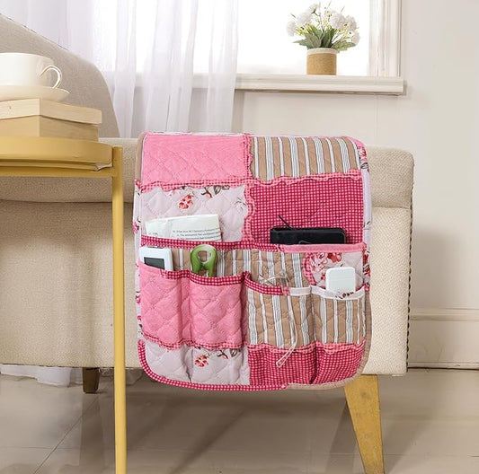 luckyjoyreal Armchair Caddy for Couch Remote Control Holder Non-slip Sofa Armset Organizer Caddy Storage for Recliner Couch 5 Pocket for Cell Phone Magazine 35"x13" Pink Vintage 1 Piece