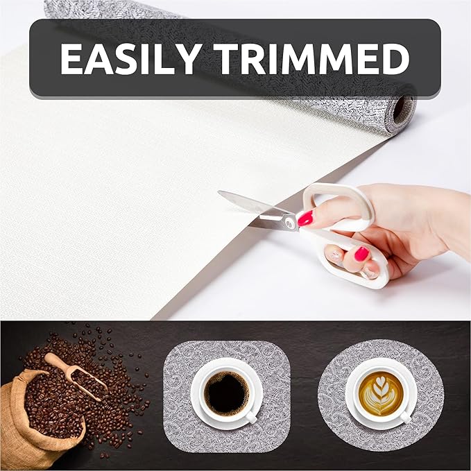 12X120 Inch Shelf Liner with Scissor & Tape Measure for Kitchen Cabinets, PVC Drawer Liner for Dresser Non-Slip Bathroom, Non-Adhesive Cabinet Liner Washable (Black)