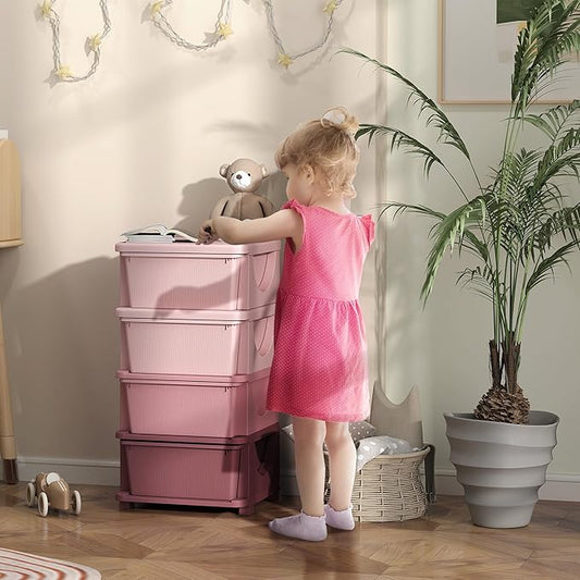 Qaba 4 Tier Kids Storage Unit, Toy Organizers and Storage with 4 Drawer Chest for Kids Bedroom Nursery Kindergarten Living Room for Boys Girls Toddlers, Pink
