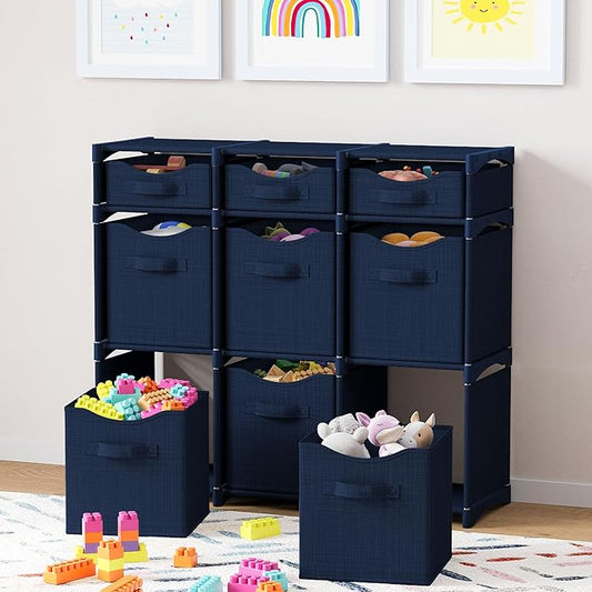 9 Cube Distressed Organizer with Drawers - Easy Assemble - Baby, Kids Dorm Room Organizer (Navy)
