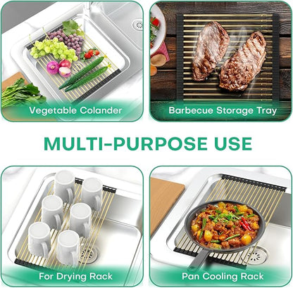 ARAINY Large Telescopic Draining Rack, Gold Roll Up Heat-Resistant Dish Drainer for Stainless Steel Sinks, Non-Slip Silicone Rolling Dish Drainer Roll Rack 18 tube12.59-21.25x12.79''