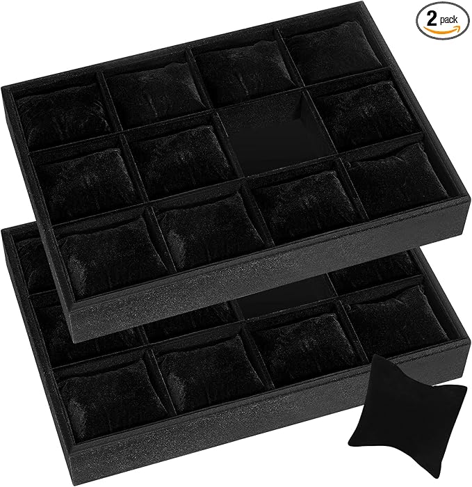 Henoyso 2 Pieces 12 Grid Velvet Watch Tray Jewelry Organizer Stackable Watch Bracelet Bangle Display Holder Adjustable Pillow(Black)