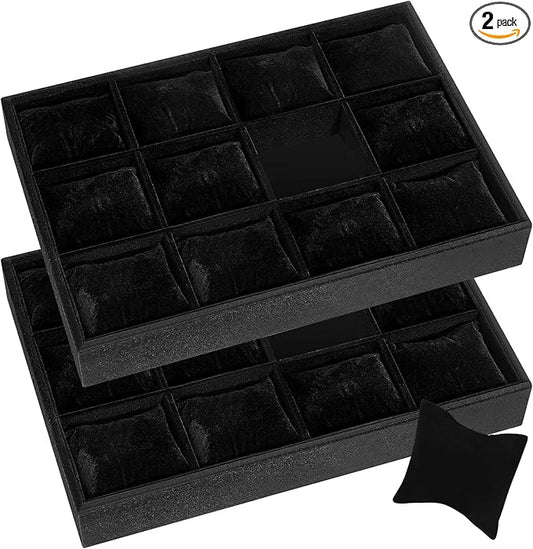 Henoyso 2 Pieces 12 Grid Velvet Watch Tray Jewelry Organizer Stackable Watch Bracelet Bangle Display Holder Adjustable Pillow(Black)