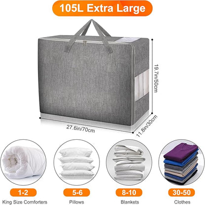 Karceyworth 3 Pack 105L Comforter Storage Bags, Extra Large Bedding Storage Bags with Card and Clear Window, Reinforced Handles & Zippers, Foldable Closet Organizers for Blanket Pillow Clothes