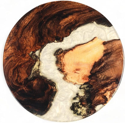 Handmade Reversible 16" Wood and Epoxy Resin Lazy Susan, Turntable for Kitchen Countertop, Rotating Display Stand, Organizer and Storage for Dining Table, Cup Board, Home Decor (Cream/Yellow)