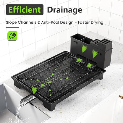 HomeCurated 2-Tier Foldable Dish Drying Rack with Drainboard, Stainless Steel Large Capacity Kitchen Counter Organizer with Cup Holder, Utensil & Cutting Board Storage, No Assembly Required, Black