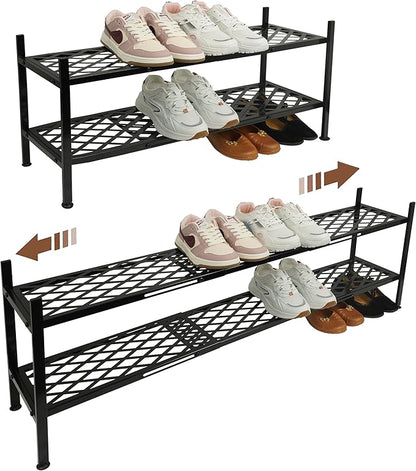 Shoe Rack, Expandable Shoes Organizer Metal Shelf Stand, 2 Tier Stackable Long Shoe Storage Holder For Closet, Floor, Entryway, Garage, Bedroom, Door Entrance For 12-18 Pairs, 45.6 inches Black