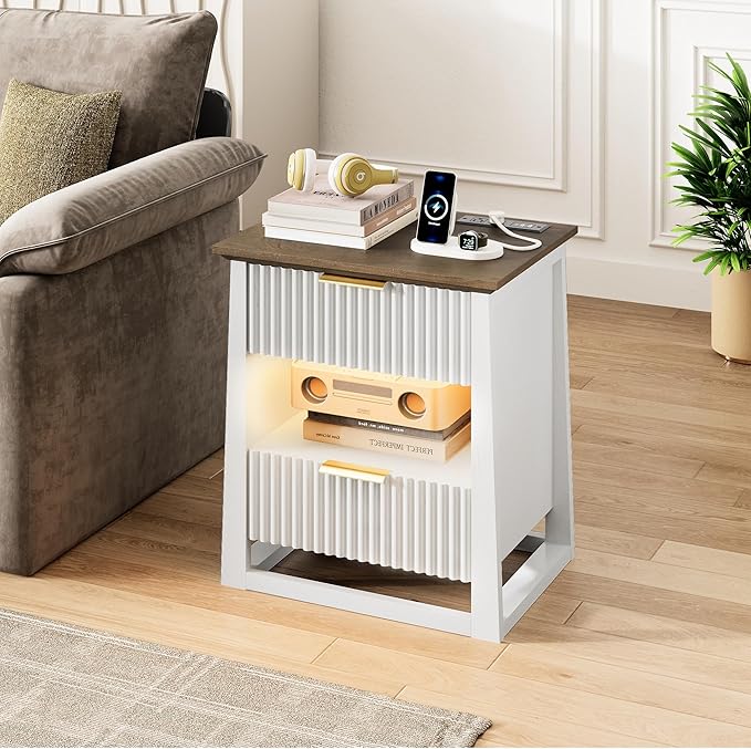 HIFYOBRO Fluted Nightstands with Charging Station & Motion Sensor Light, Modern Bedside Tables with 2 Drawers and Storage Shelf for Bedroom, White
