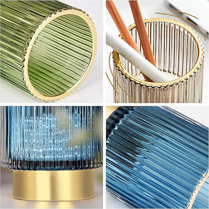 DASITON Makeup Brush holder Organizer,Crystal Cosmetic Makeup Brush Glass Brushes Storage Holder, Vintage Make Up Brush Cup Pen Pencil Holder striped vase(Green S)