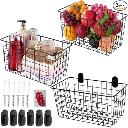 3 Pack【Extra Large】Hanging Kitchen Basket,Wire Storage Basket,with Traceless Tape and High-Strength Nylon Hooks,no Drilling,for Cabinet Storage,Kitchen,Bathroom,Storage Room,large capacity