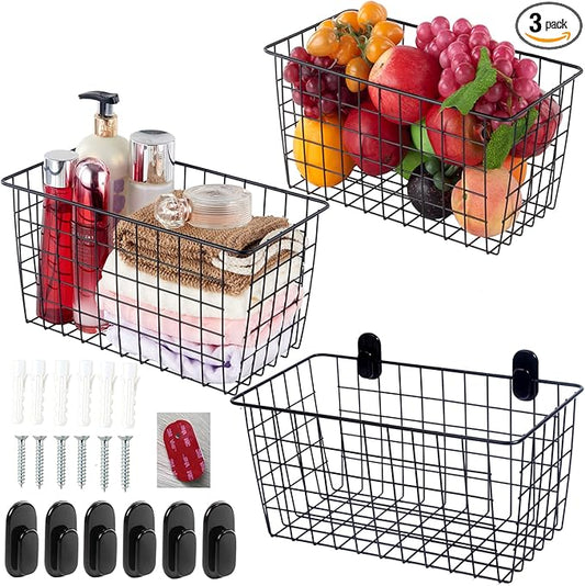 3 Pack【Extra Large】Hanging Kitchen Basket,Wire Storage Basket,with Traceless Tape and High-Strength Nylon Hooks,no Drilling,for Cabinet Storage,Kitchen,Bathroom,Storage Room,large capacity