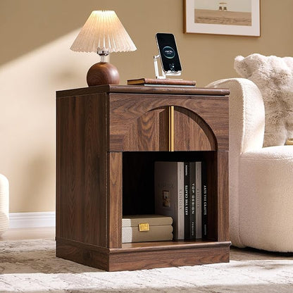ACCOHOHO Modern Night Stand with Arched Panel,18" Wooden nightstand with Charging Station,Bedside Table with Drawer Storage,Side End Table with Open Shelf for Bedroom,Living Room,Brown