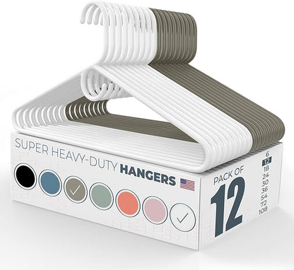 Neaties Super Heavy Duty Clothes Hangers 12 Pack – Made in The USA - 10lb Capacity, Thick Plastic Hangers for Pants, Coats, Jackets, Jeans and Adult Clothing – White & Gray