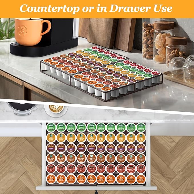Coffee Pod Holder Drawer, Expandable K Cup Holder Compatible with Keurig K-Cup, K Cup Drawer Organizer Hold 30-60 Coffee Pod Storage for Coffee Station Office and Kitchen, Bronze