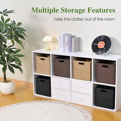 Woven Wicker Storage Baskets 4-Pack, 11x11 Handwoven Paper Rope Organizer Bins, Foldable Cube Storage Cubes with Built-in Handles for Shelves and Closet Organization(Natural Beige)