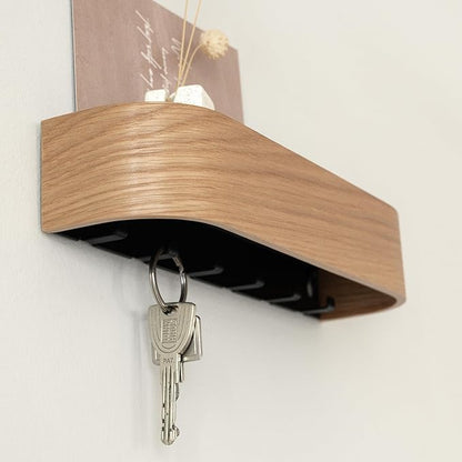 Kazai.® Key Holder 'Toke' | Minimalist Key Hook Design from Berlin | Modern Key Holder Wall Mount with Wooden Shelf | Key Rack for Wall as Entryway Organizer | Oak