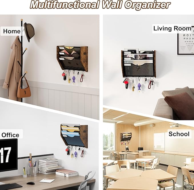 Wall File Organizer With Hooks,3 Tier Mesh Mail Organizer Wall Mounted,Hanging File Organizer,Magazine Holder for Documents,Magazine,Literature,File,Mails,Envelopes