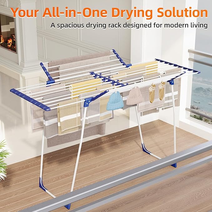 KINGBOARD Clothes Drying Rack Foldable, Extendable Laundry Drying Rack with 2 Wings,Heavy Duty Drying Rack Clothing, Portable Clothes Drying Rack for Indoor Outdoor, Large Capacity Laundry Rack, White