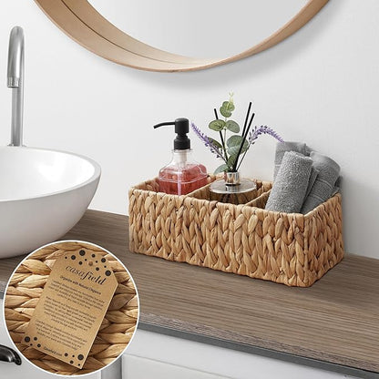 Casafield Set of 2 Water Hyacinth Basket Organizers with 3 Sections, Natural - Woven Storage Bins for Bathroom, Laundry, Pantry, Office, Shelves