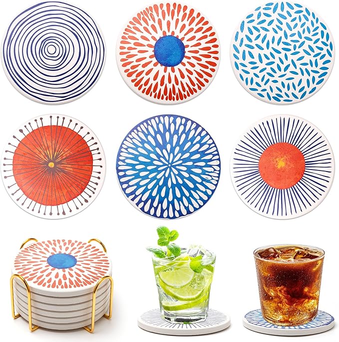 Funny Ceramic Absorbent Coaster Set of 6 Mid Century Coasters for Drinks Fun Boho Coffee Table Decor Cool Desk Coasters with Holder Unique Kitchen Accessories Outdoor Beach Cute Stone Cup Coaster