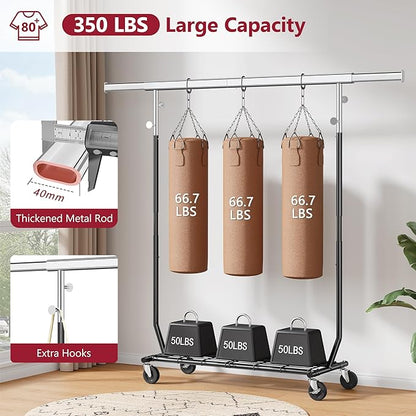 Tajsoon Clothes Rack Heavy Duty Load 350 LBS, 73.8' Extendable & Adjustable Foldable Clothing Rack for Hanging Clothes, Garment Rack with Lockable Wheels for Bedroom, Laundry Room, Black