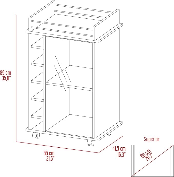 Mobile Bar Cart with Glass Door Cabinet, 6 Wine Bottle Storage Cubbies, Carbon Espresso Finish, 35" H x 21.6" W Bar Serving Cart with Wheels (White)