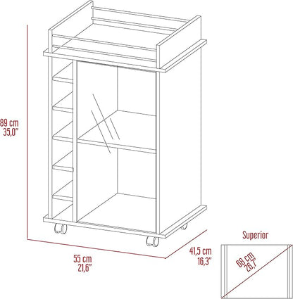 Mobile Bar Cart with Glass Door Cabinet, 6 Wine Bottle Storage Cubbies, Carbon Espresso Finish, 35" H x 21.6" W Bar Serving Cart with Wheels (White)
