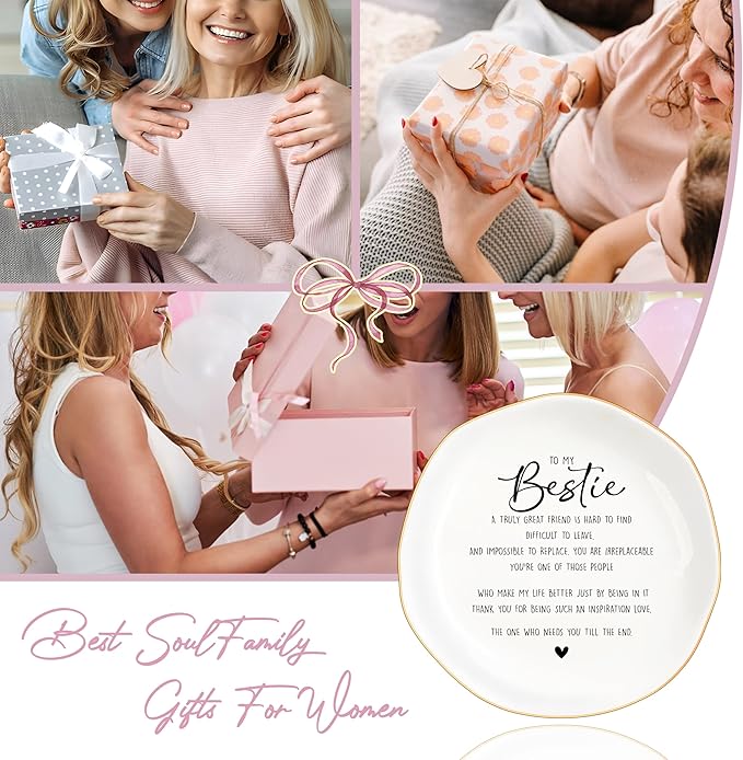 Bestie Gifts for Women Friendship, Jewelry Dish Trinket Tray, Gifts for Friends Female, Friend Gifts for Women Birthday, BFF Soul Sister Work Bestie Gifts for Thanksgiving Gifts (White-bestie1)