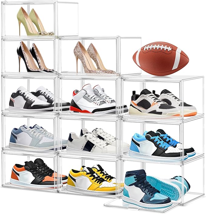 EZJOB Acrylic Clear Shoe Storage Boxes Size 12, Transparent Display Case for Sneaker Collections, Baseball Caps, Hat Organizer Dust-free Shoe Cubbies Stackable Sneaker Boxes