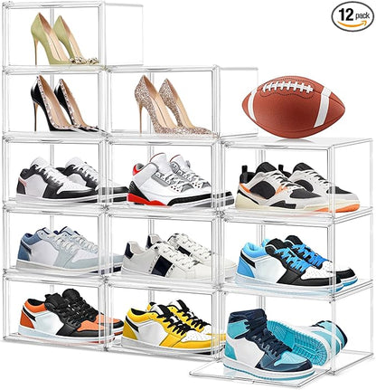 EZJOB 12 Pack Acrylic Clear Shoe Storage Boxes Size 12, Transparent Display Case for Sneaker Collections, Baseball Caps, Hat Organizer Dust-free Shoe Cubbies Stackable Sneaker Boxes