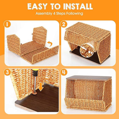 2 Tier Fruit Basket for Kitchen Counter Stackable Wall Mounted Hanging Basket Wicker Hanging Baskets with Wood Lid for Onion Fruit Vegetable Storage