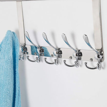 SKOLOO Over The Door Hook - for Doors up to 1-3/4'' Thickness, Pack of 2, Metal Door Hanger with 5 Triple Hooks, Over The Door Hanger for Coats, Hats,Towels, Silver, Assembly Required