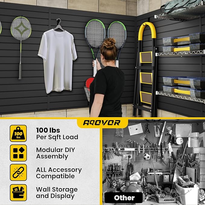 SlatWall Paneling 4x8 FT, PVC Slat Wall Panels with 16 Hooks Heavy-Duty Garage Organization System, Slatwall Pegboard Suitable for Home、Garage、Shop Wall Display & Organization (Black)