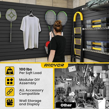 SlatWall Paneling 4x8 FT, PVC Slat Wall Panels with 16 Hooks Heavy-Duty Garage Organization System, Slatwall Pegboard Suitable for Home、Garage、Shop Wall Display & Organization (Black)